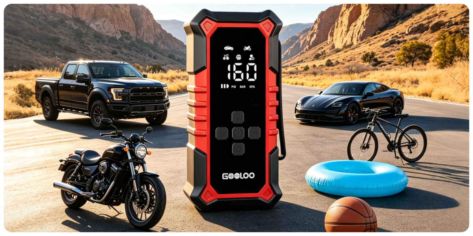 A black and red device with a digital display and a motorcycle and other cars