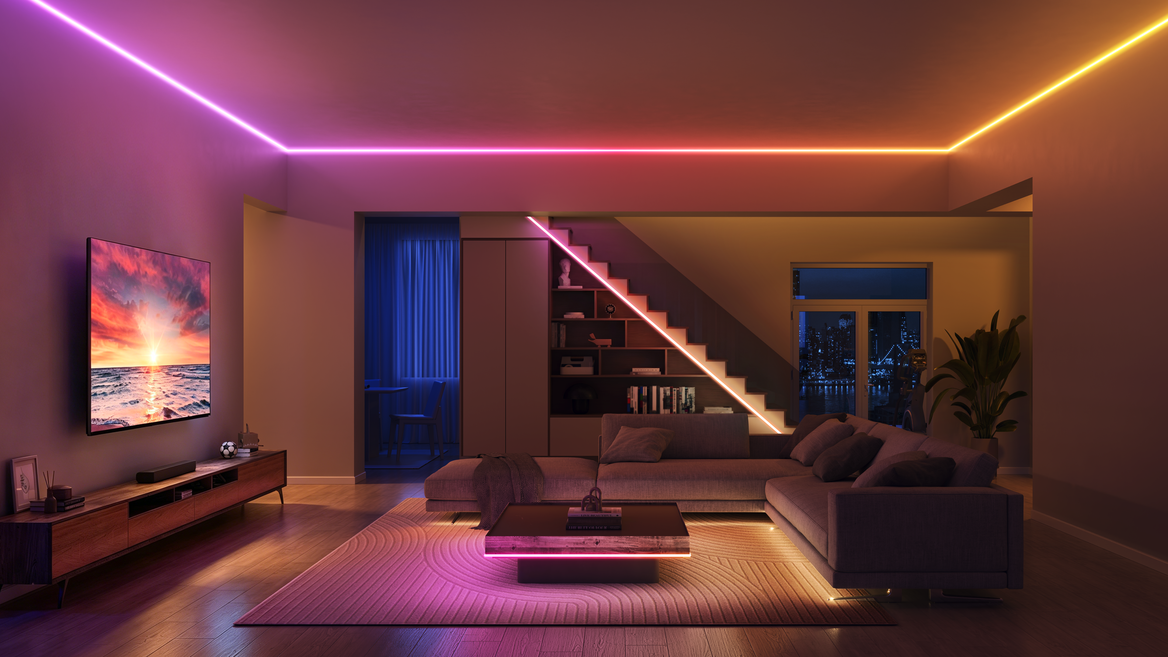 A living room with a couch and a table with pink lights