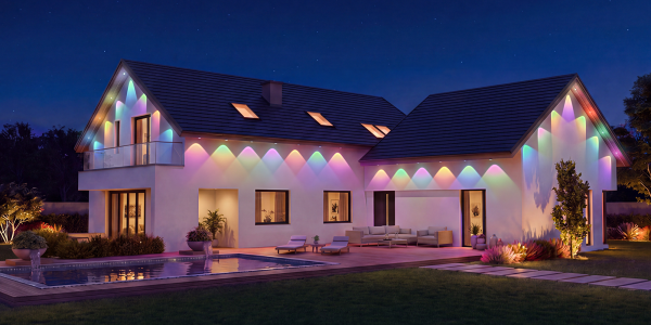 A house with a pool and lights