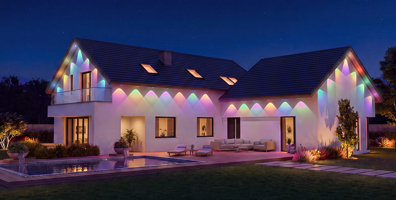 A house with a pool and lights