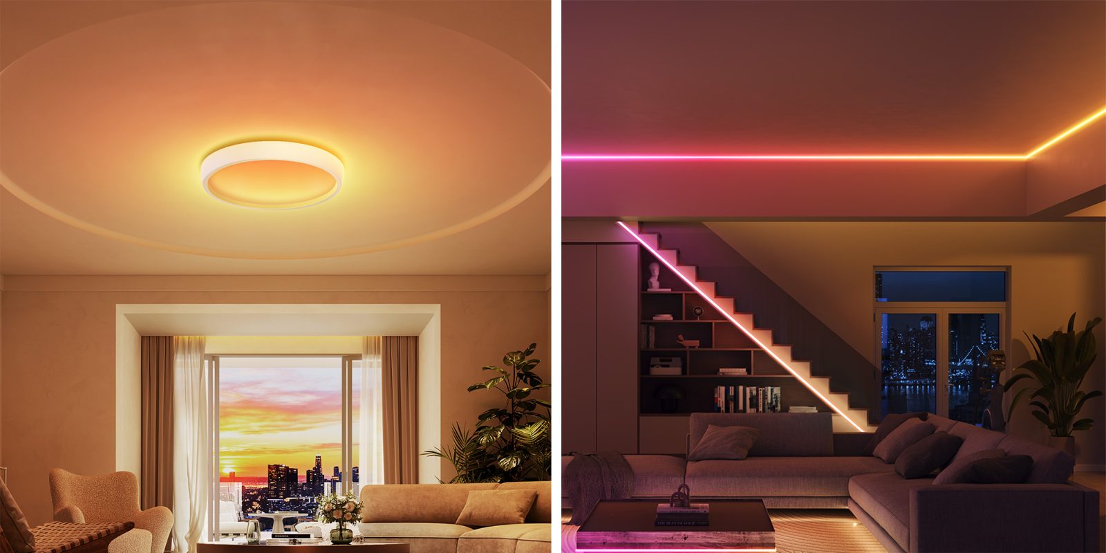 A room with a staircase and a light strip