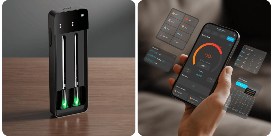 A hand holding a phone and a device