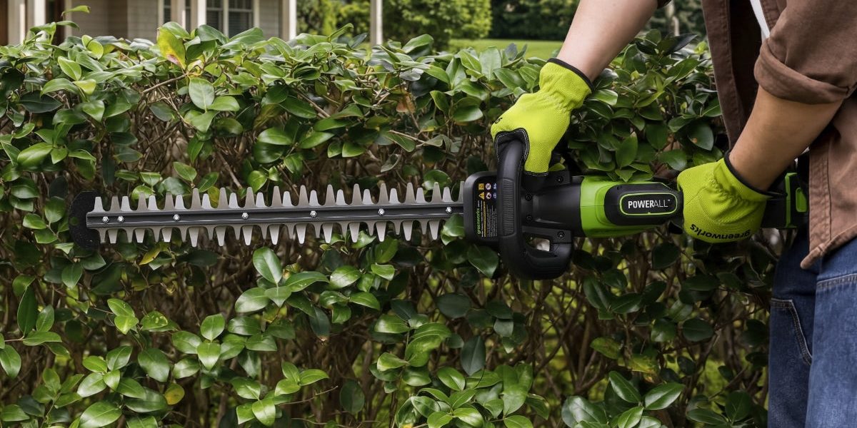 A person holding a hedge trimmer