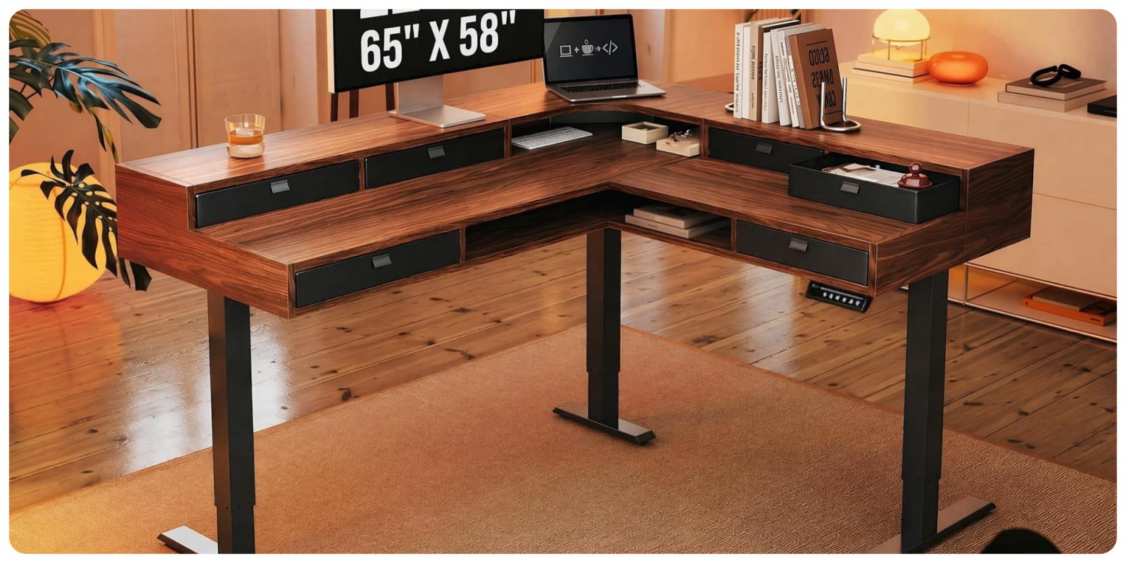 A desk with a computer and a monitor