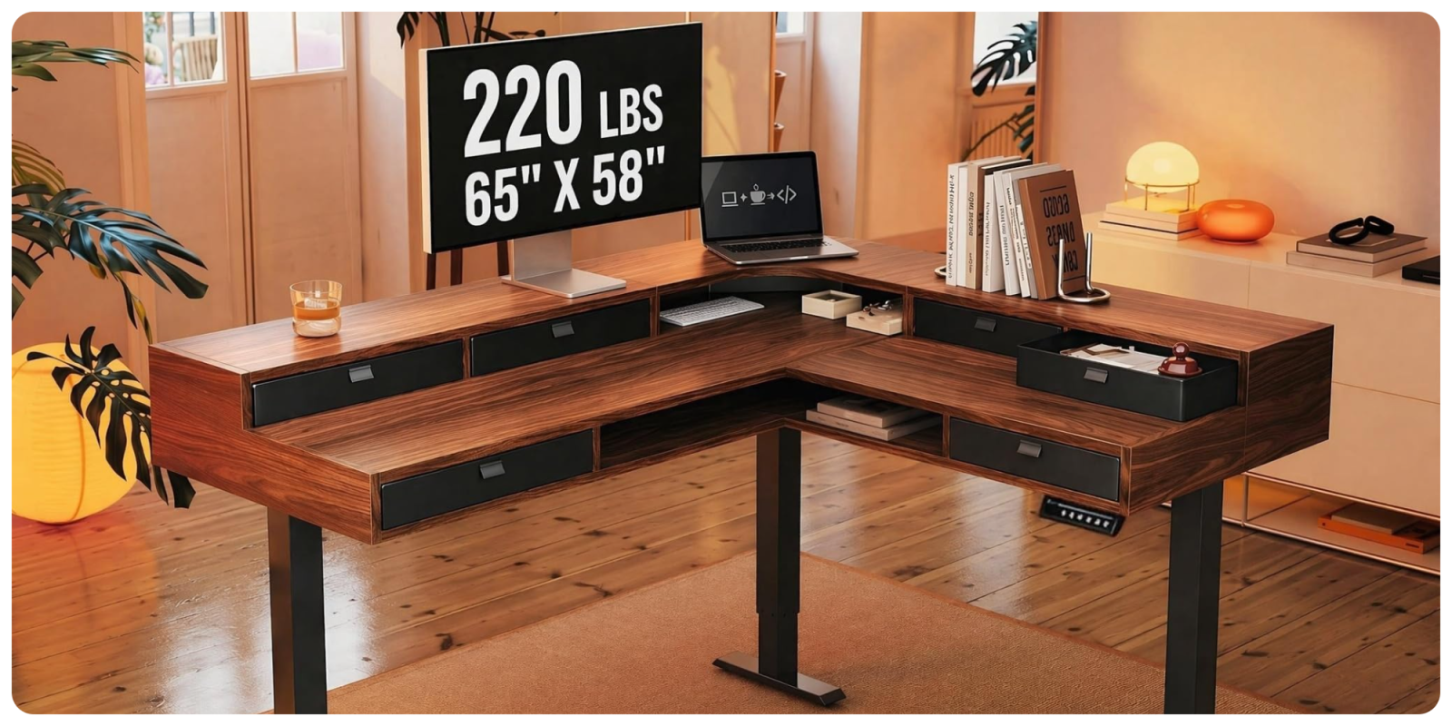 A desk with a computer and a monitor