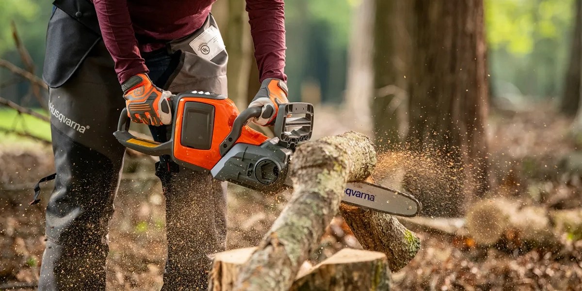 A person using a chainsaw to cut a tree