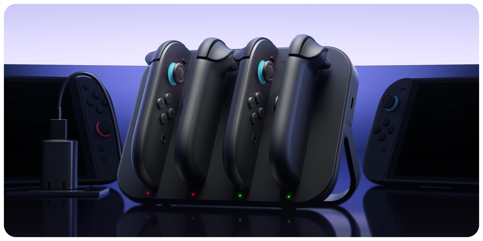 A group of gaming controllers in a charging station