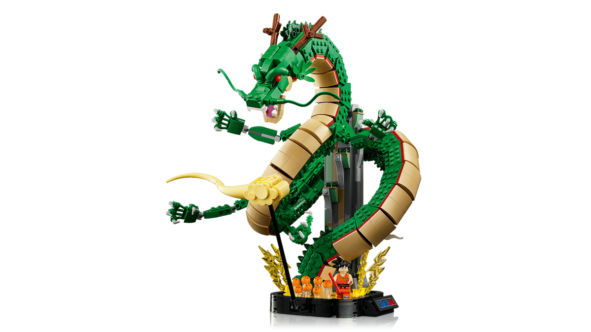 A green dragon made of legos