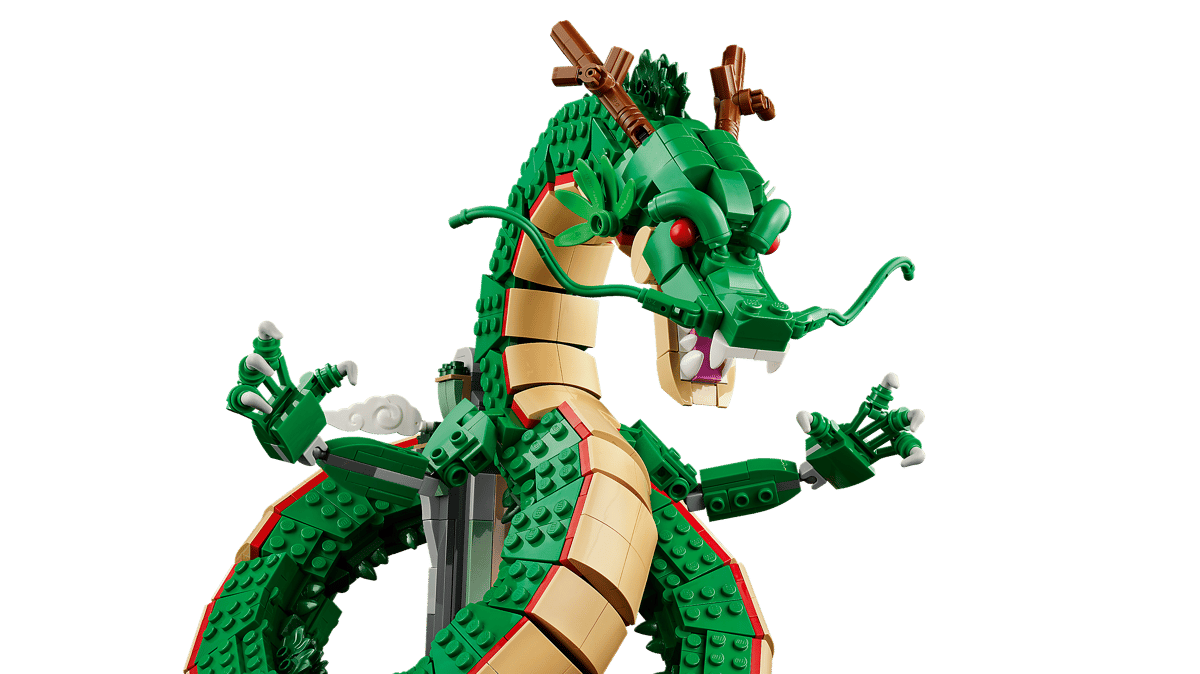 A green dragon made of legos