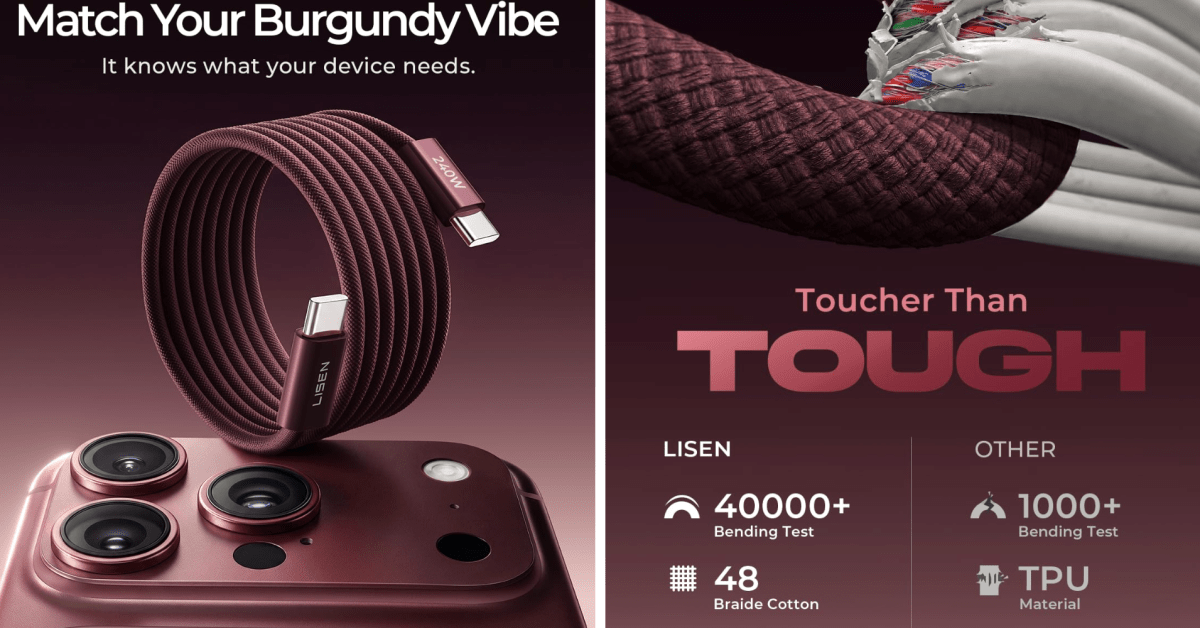 LISEN’s burgundy 240W USB-C cable 2-pack drops to to match your new iPhone 18 Pro (.50 each) LISEN’s burgundy 240W USB-C cable 2-pack drops to to match your new iPhone 18 Pro (.50 each)