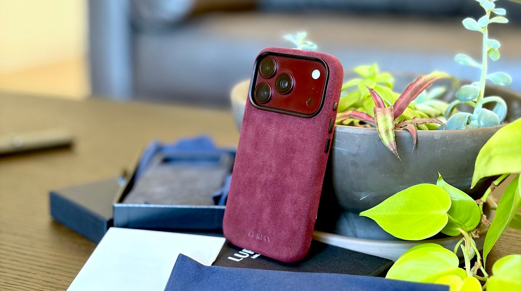 A cell phone with a red case