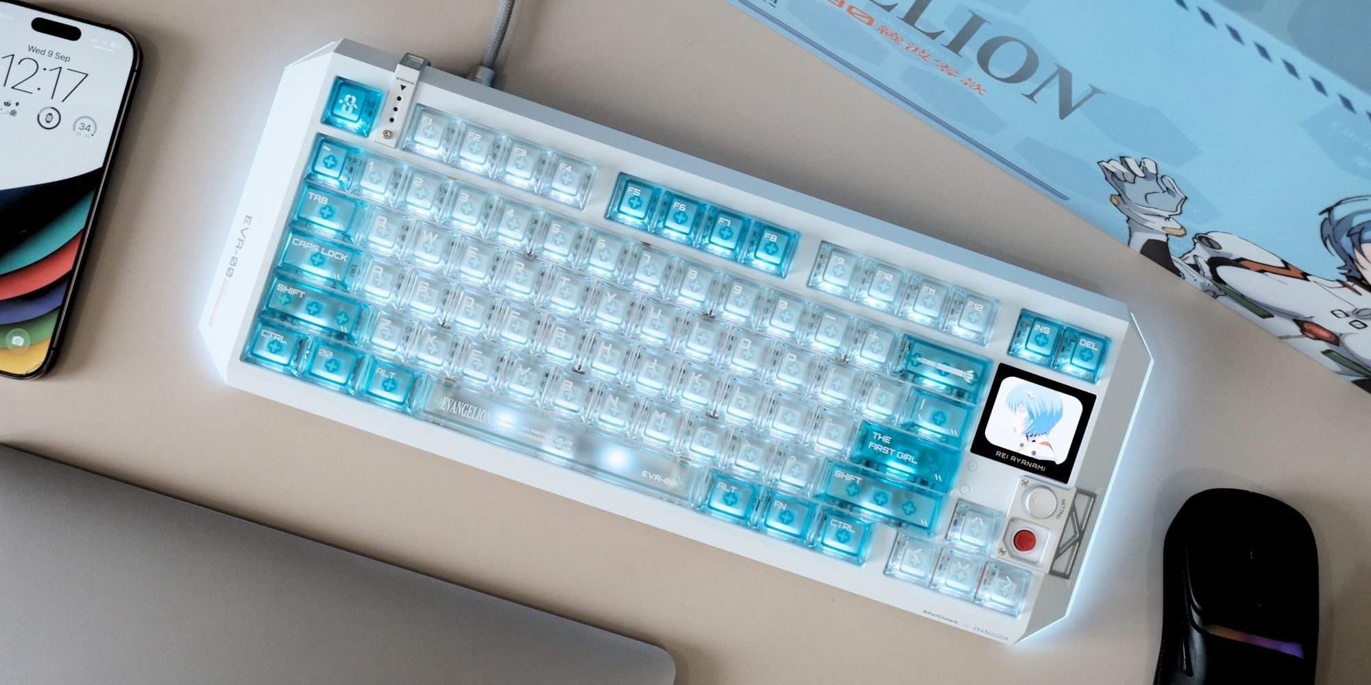 A keyboard with blue lights