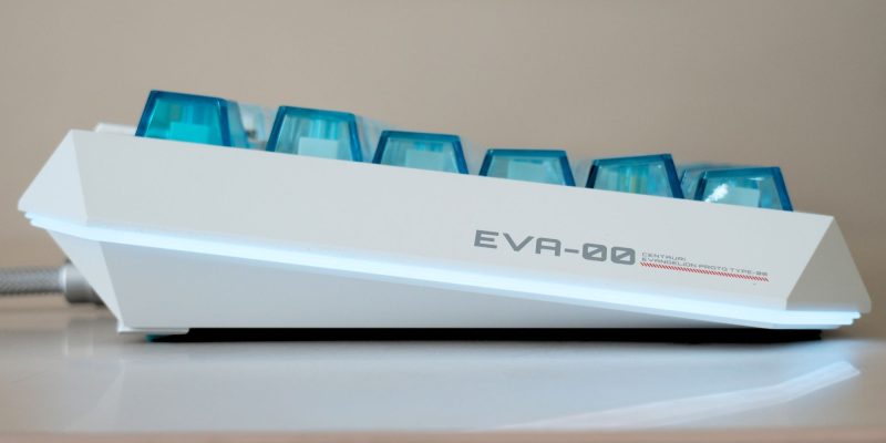 A white keyboard with blue keys