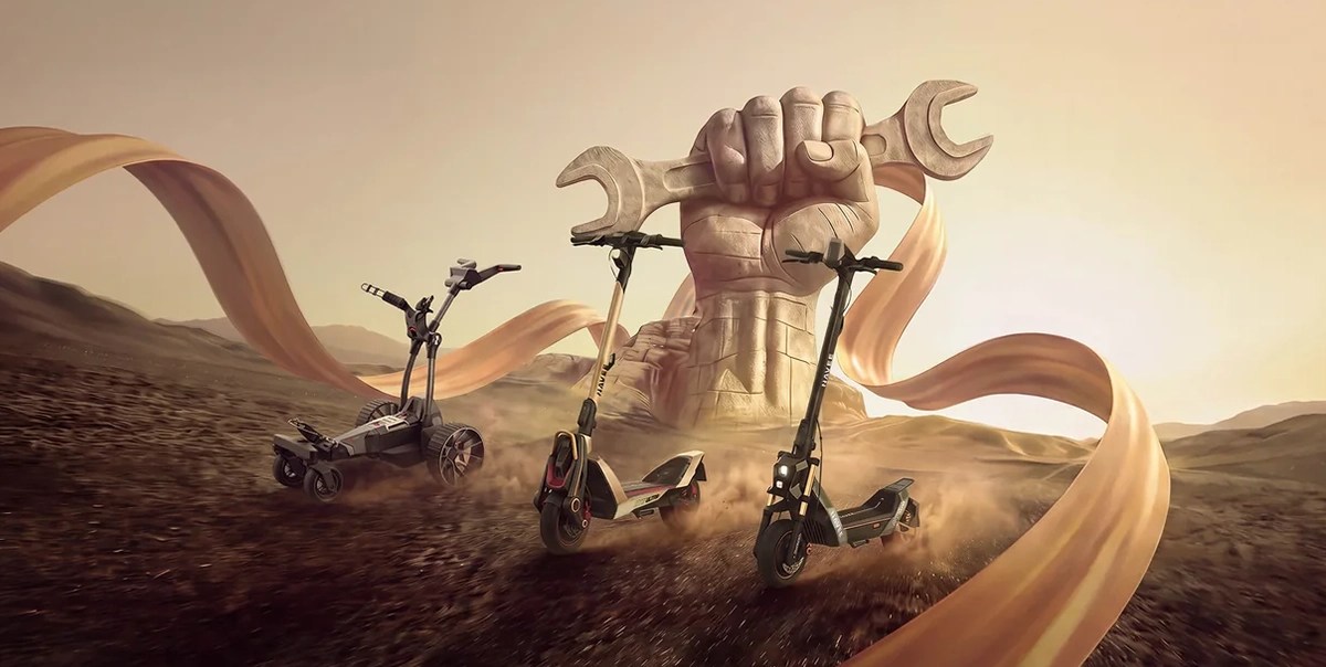 A giant hand holding a wrench and scooters