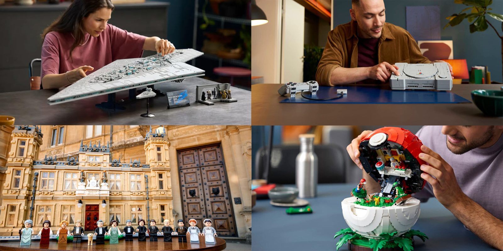 A collage of a man playing with toys