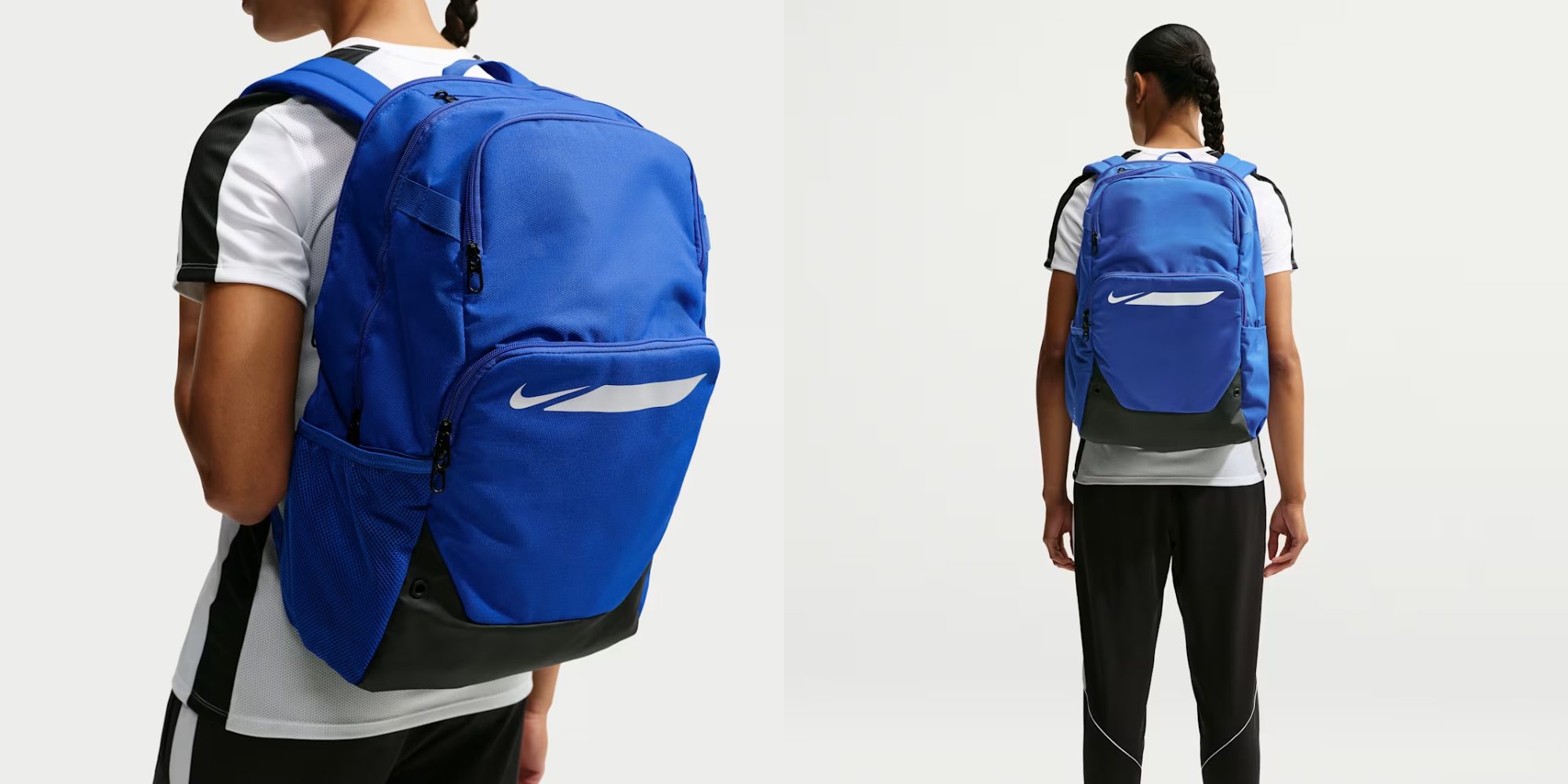 A person wearing a blue backpack