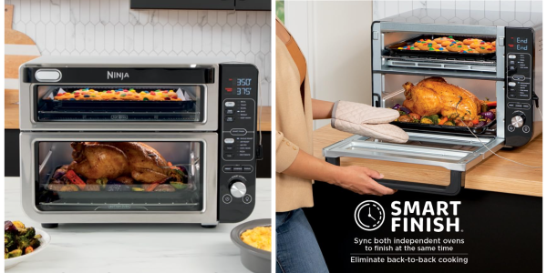 A woman putting food into a toaster oven
