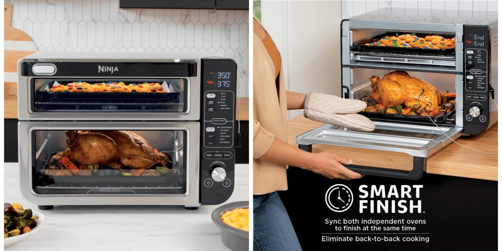 A woman putting food into a toaster oven