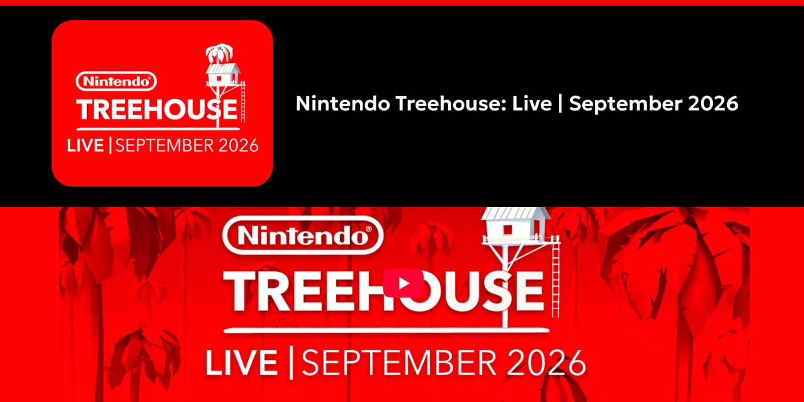 A red and black banner with white text and trees
