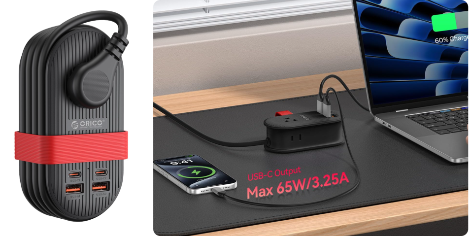 A black power outlet with a cell phone and a cellphone