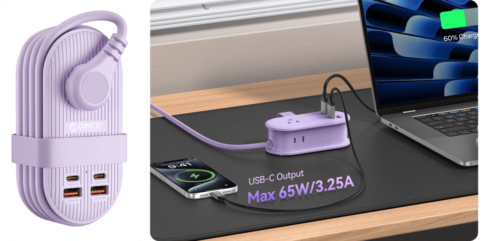 A purple charger plugged into a cell phone