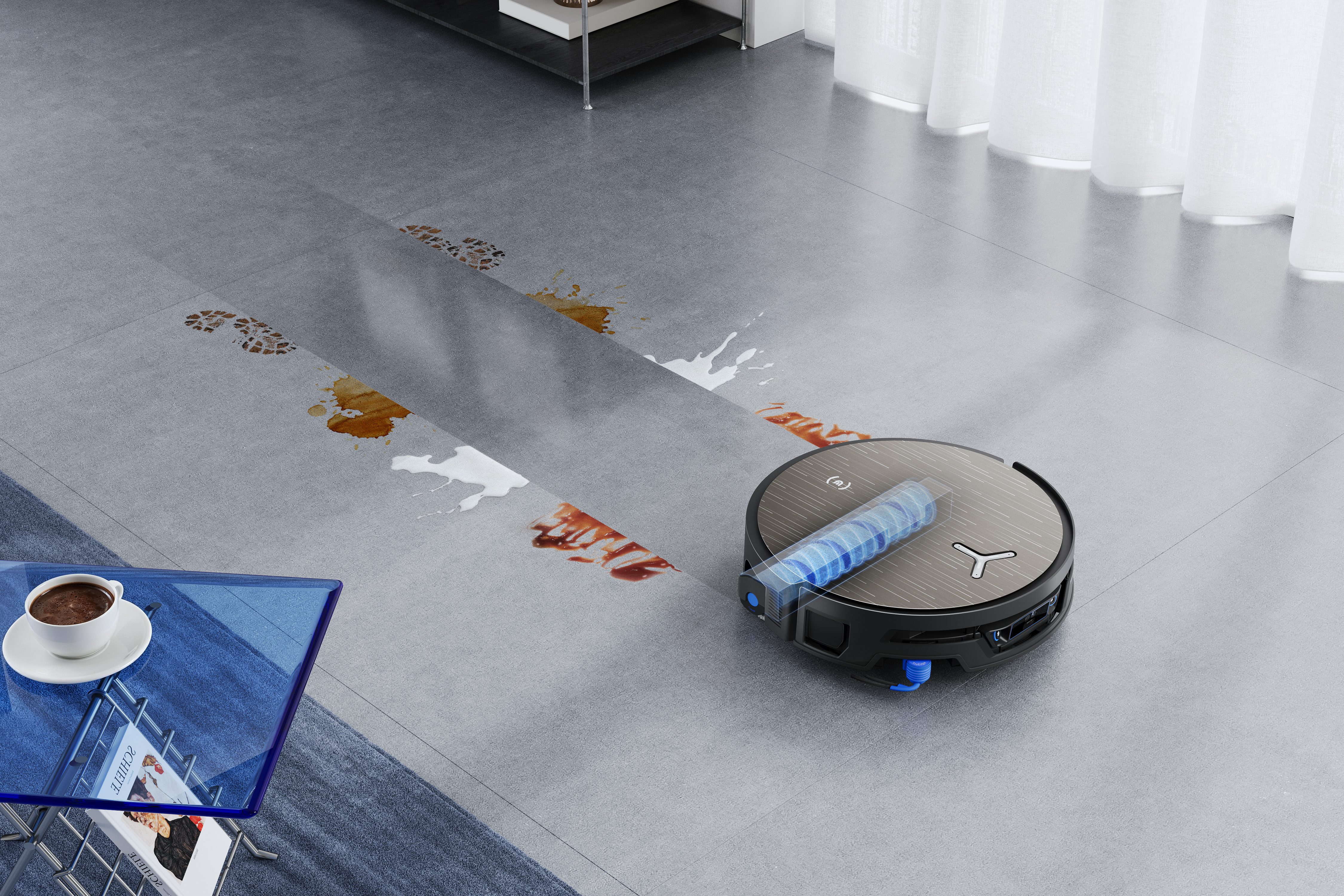 A robot vacuuming on the floor