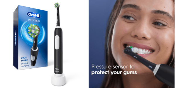 A collage of a toothbrush and a woman
