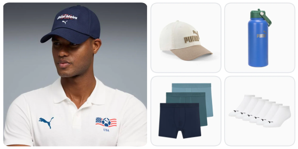 A man wearing a white polo shirt and blue hat and underwear