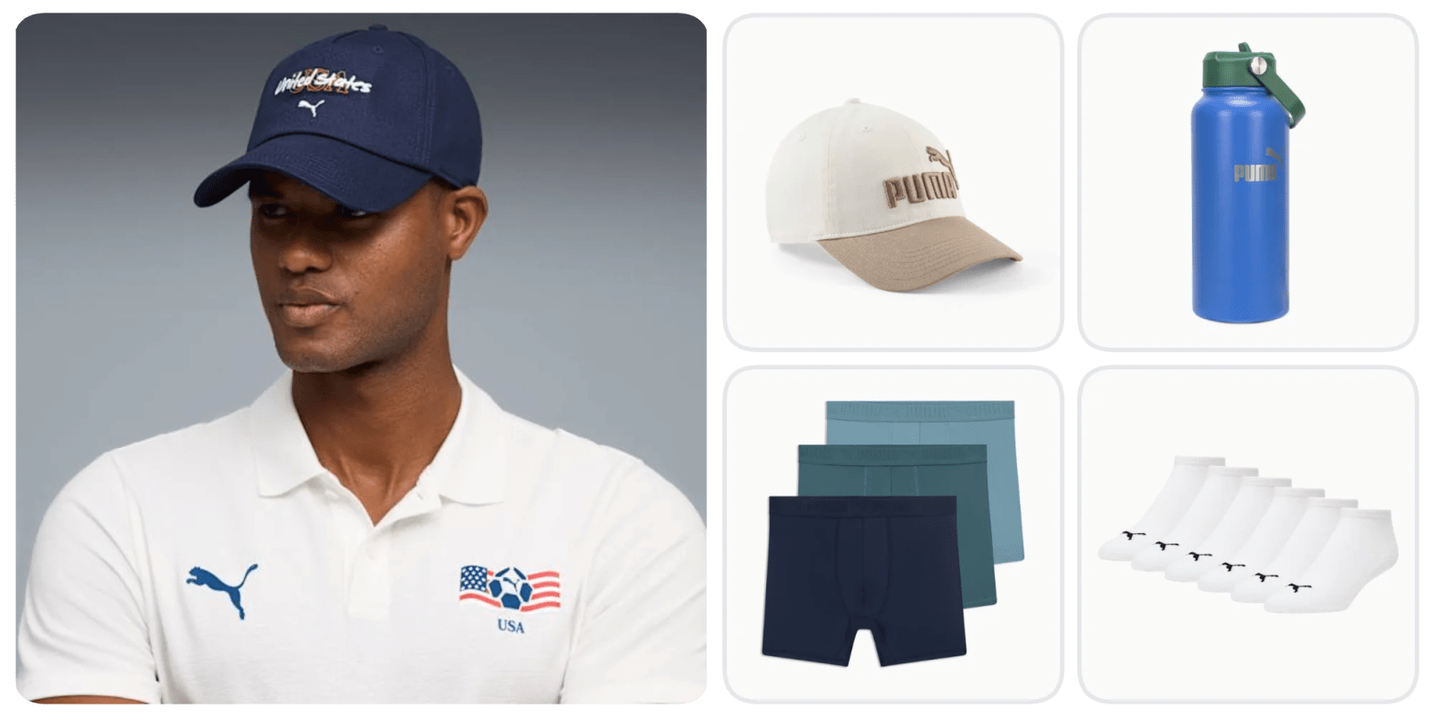 A man wearing a white polo shirt and blue hat and underwear