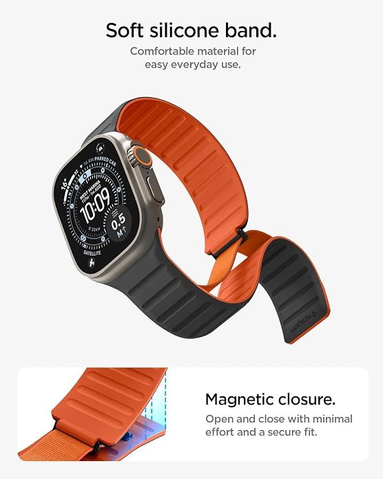 A smart watch with a black and orange band