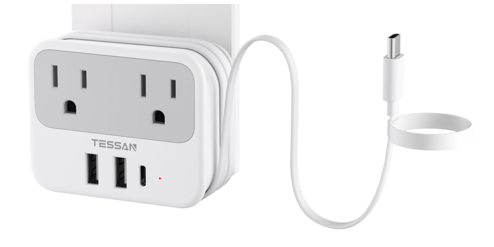 A white electrical outlet with a cord