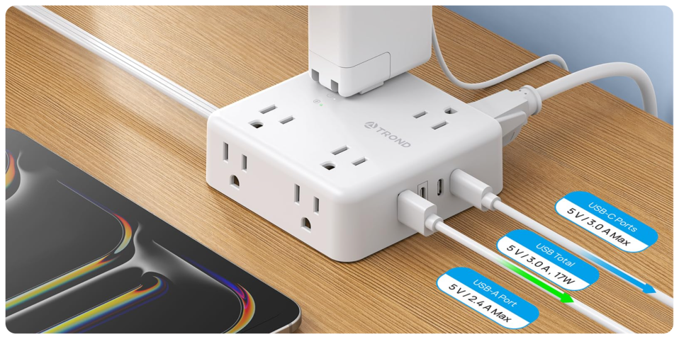 A white power strip with plugs
