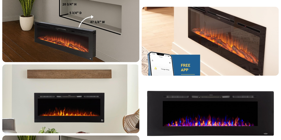 A collage of pictures of a fireplace