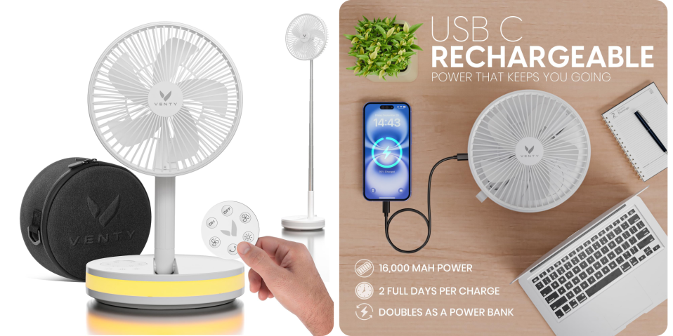A fan with a charging cord
