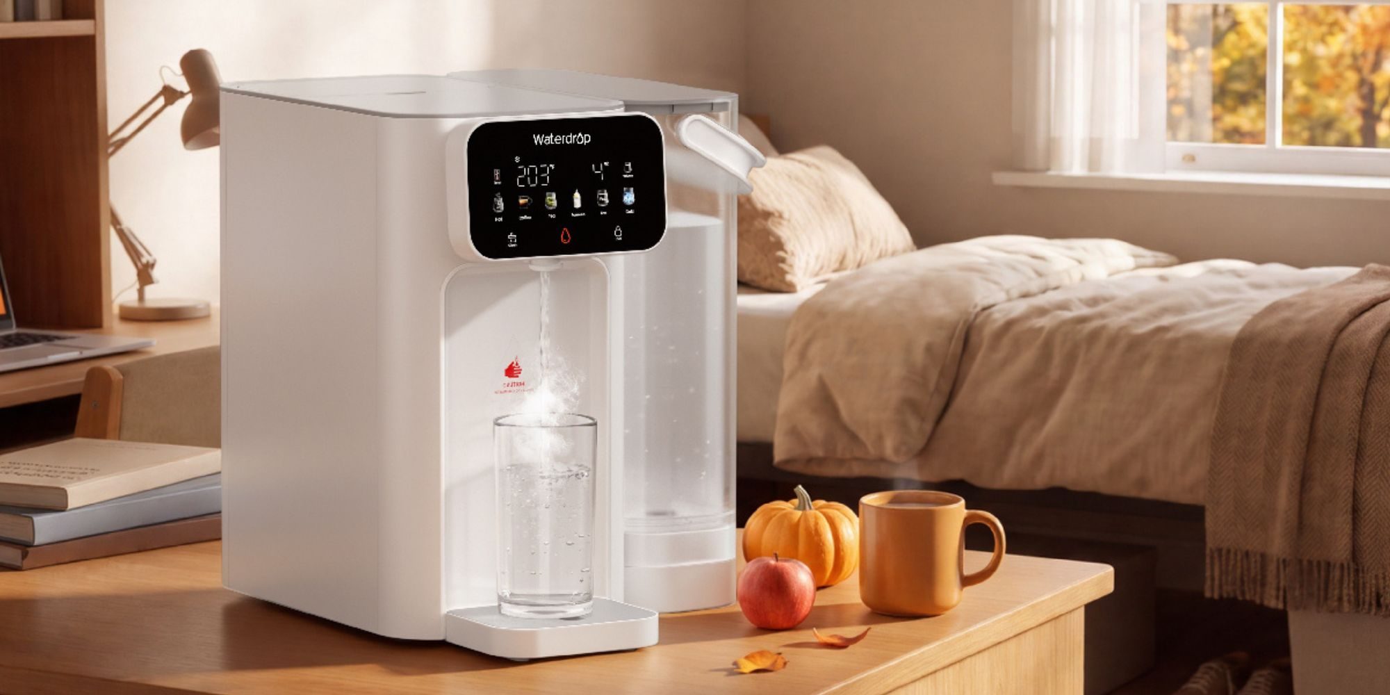 A water dispenser with a glass of water