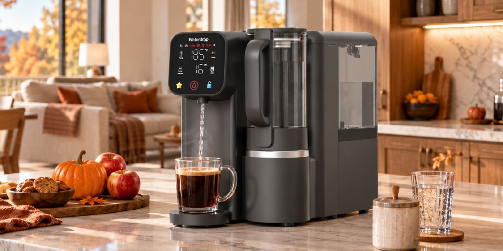A coffee maker with a screen and a cup of coffee