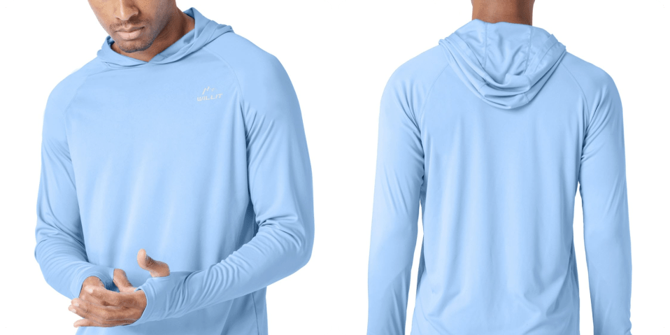 A man wearing a light blue hoodie