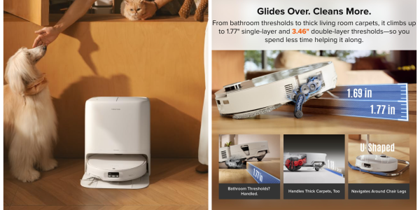 A robot vacuum cleaner with a cat lying on a shelf