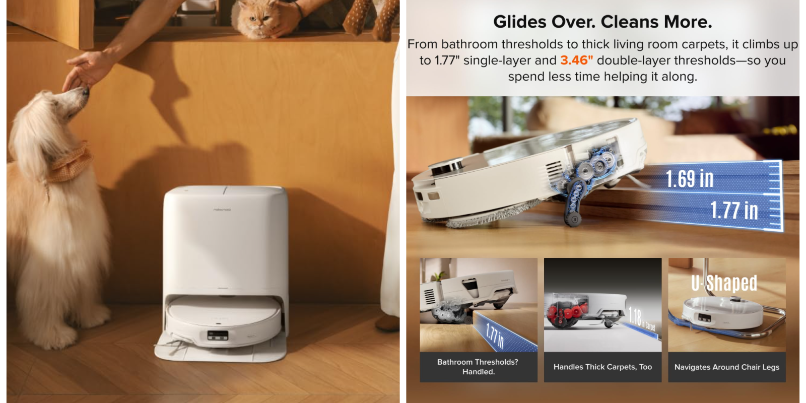A robot vacuum cleaner with a cat lying on a shelf