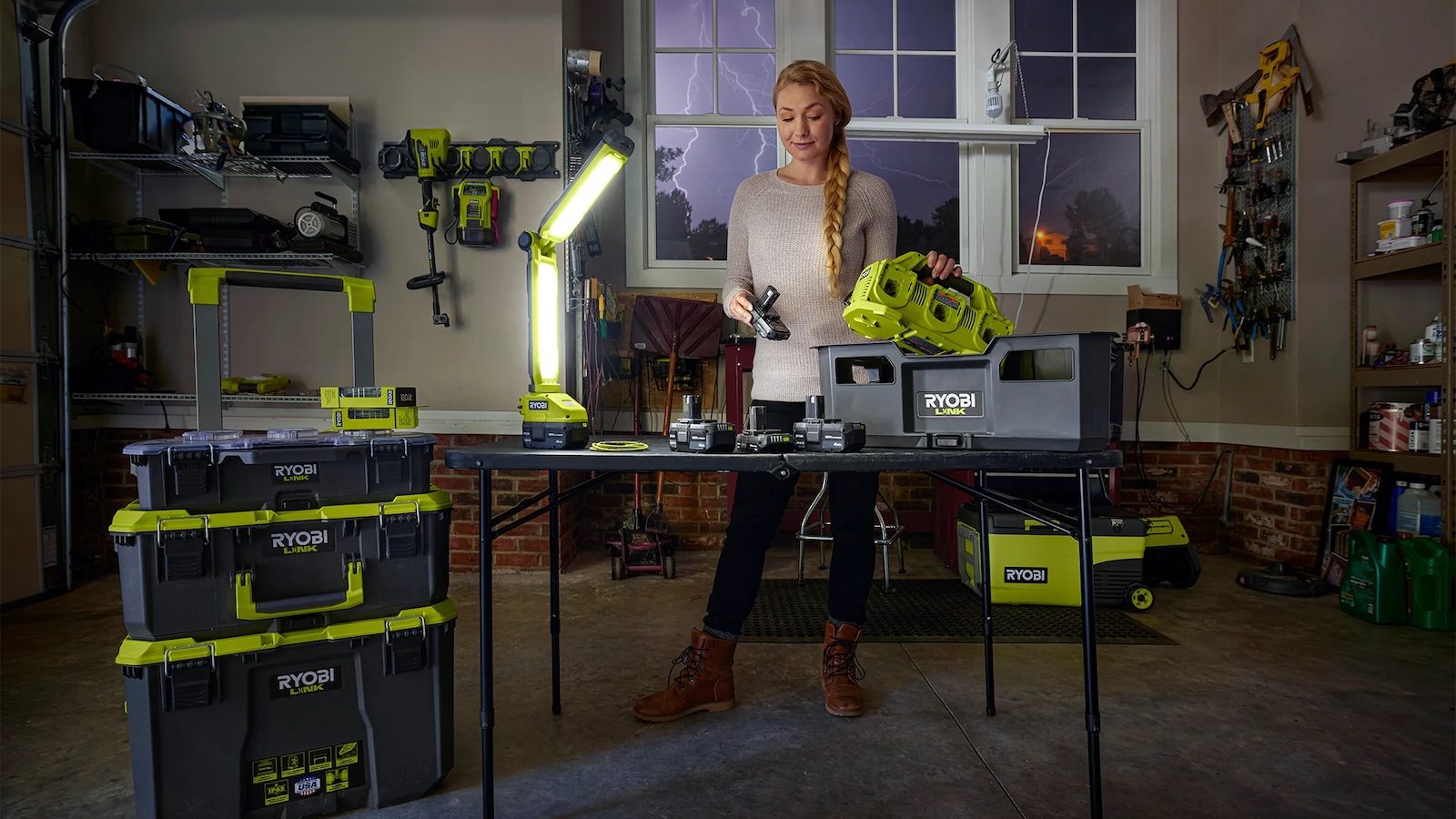 A woman standing next to a table with tools
