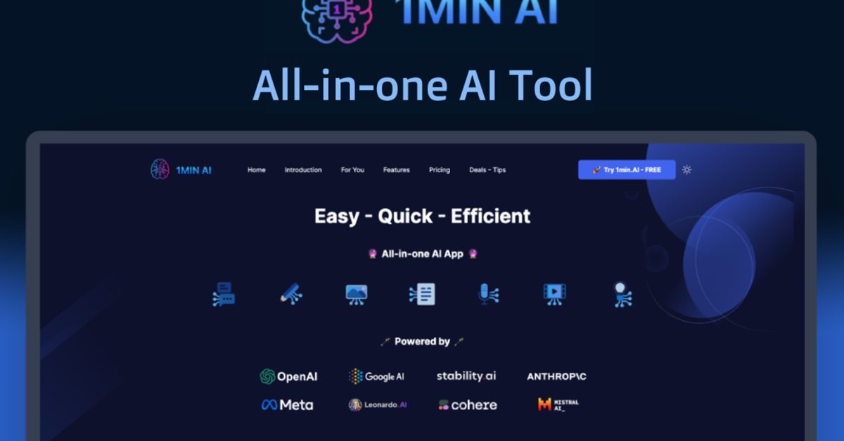 Generate text, images, audio, and video in one app with 1min.AI for (0 value) Generate text, images, audio, and video in one app with 1min.AI for (0 value)