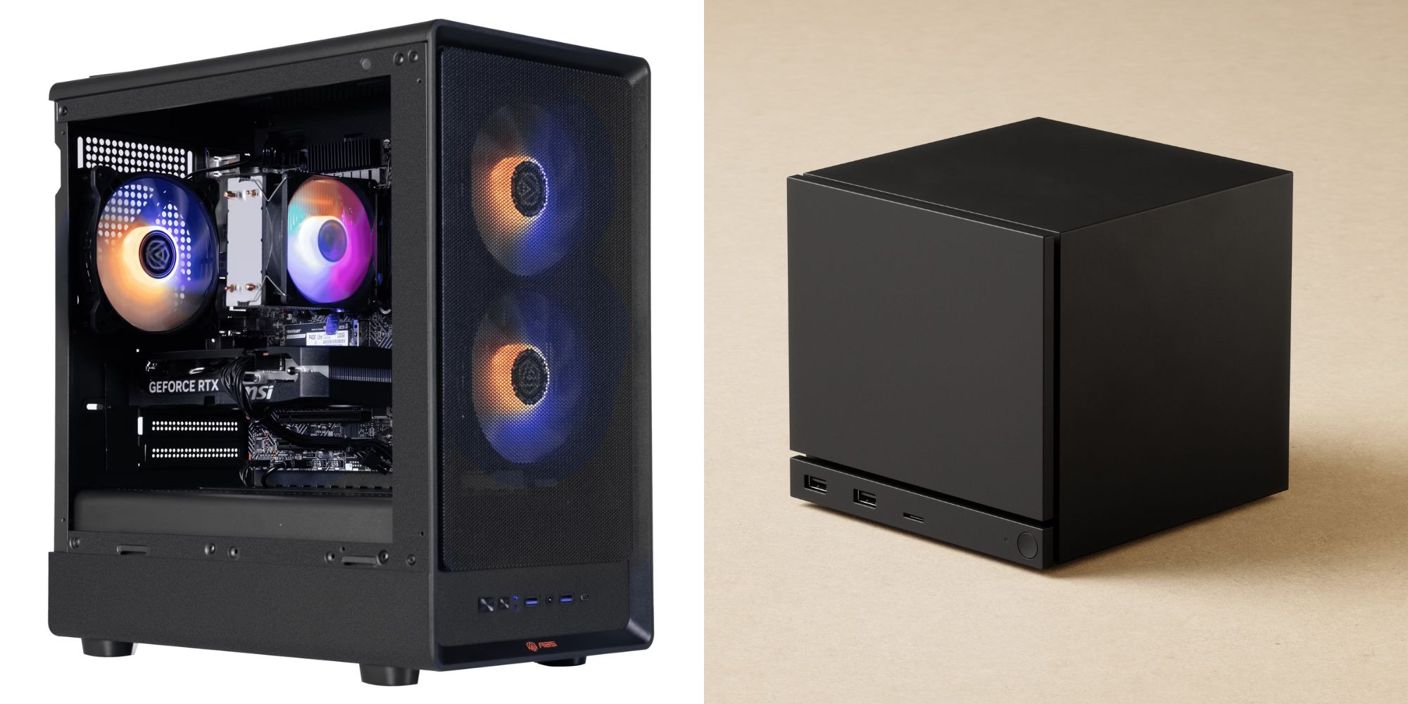 A black computer tower with two fans