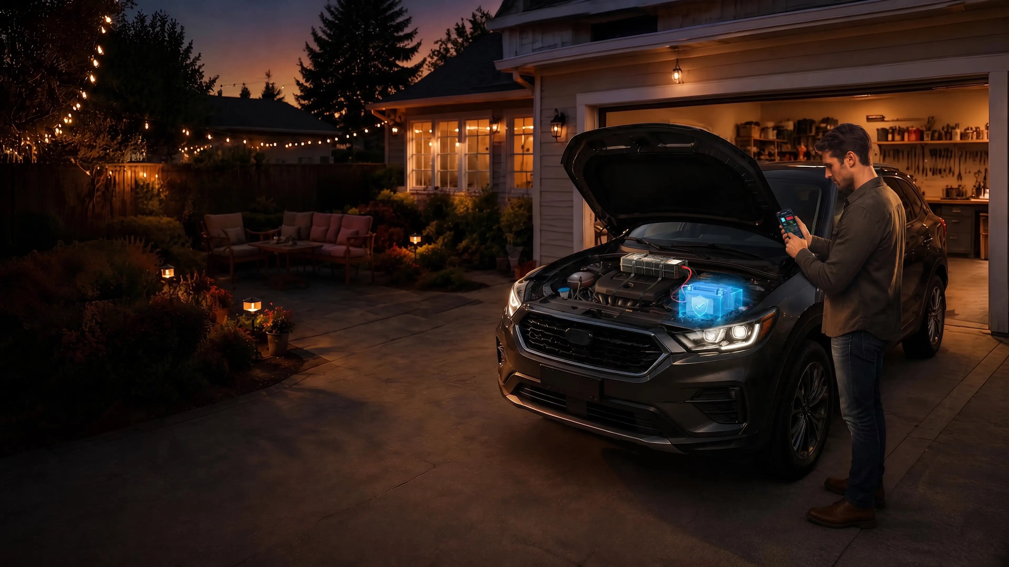 A car with its hood open in front of a house