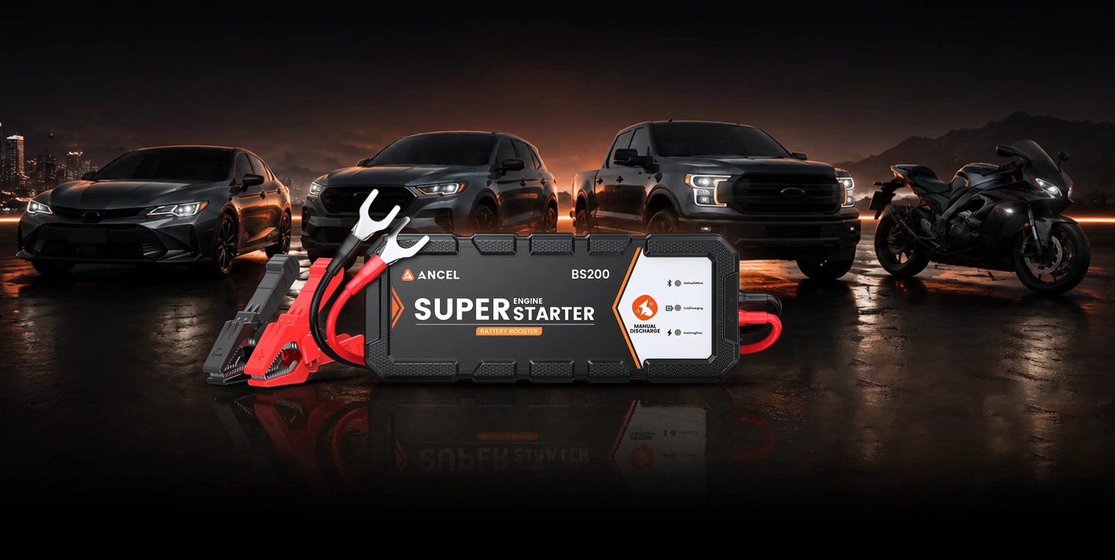 A battery charger and car in front of a row of cars