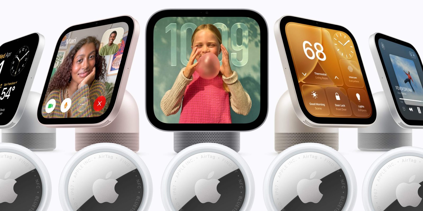 A group of screens with a girl blowing a bubble