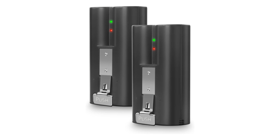 A couple of black rectangular objects with red and green lights