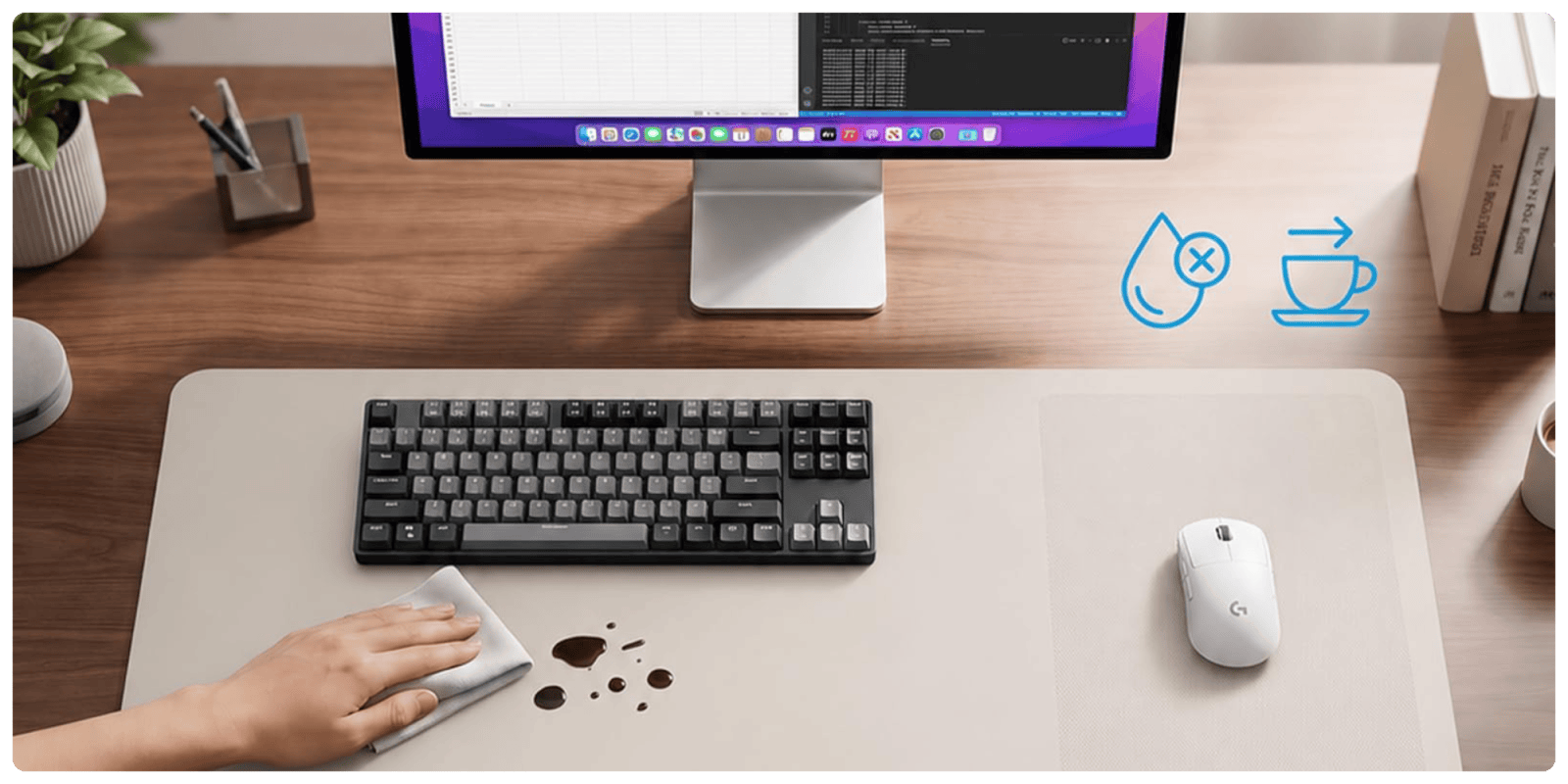 A hand on a keyboard and mouse next to a computer monitor