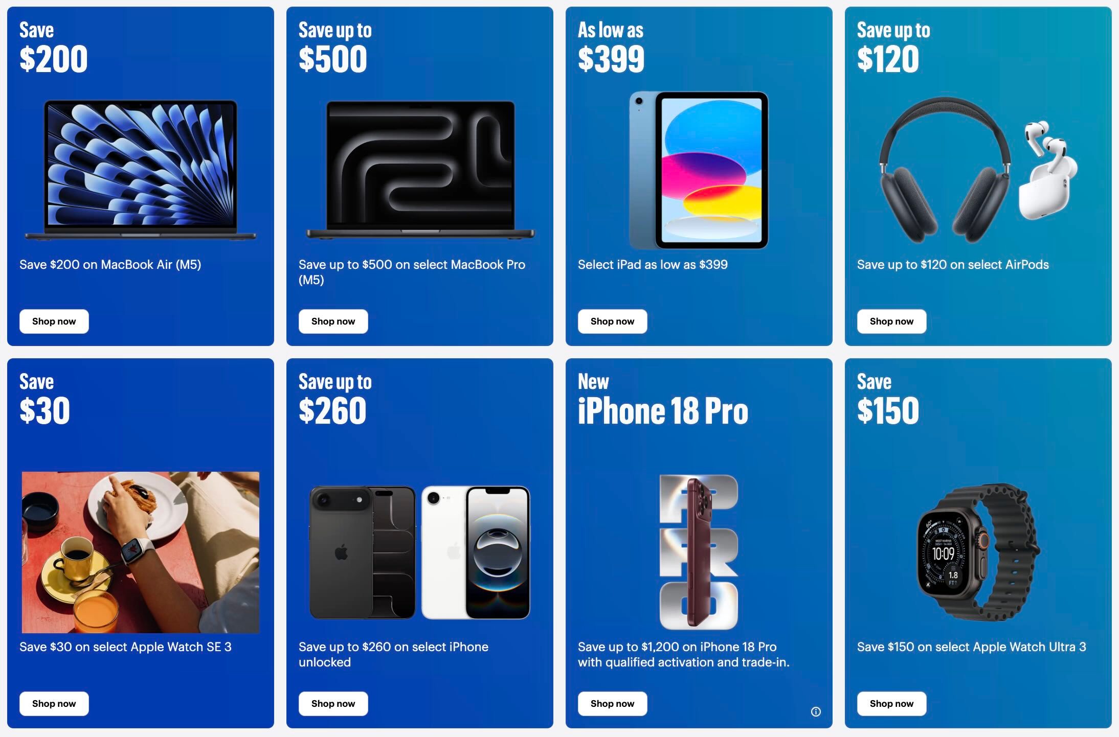 A blue advertisement with a few images of electronics