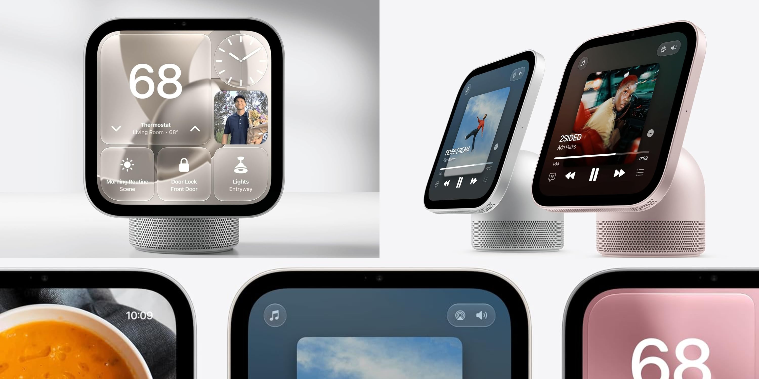 A collage of a smart speaker