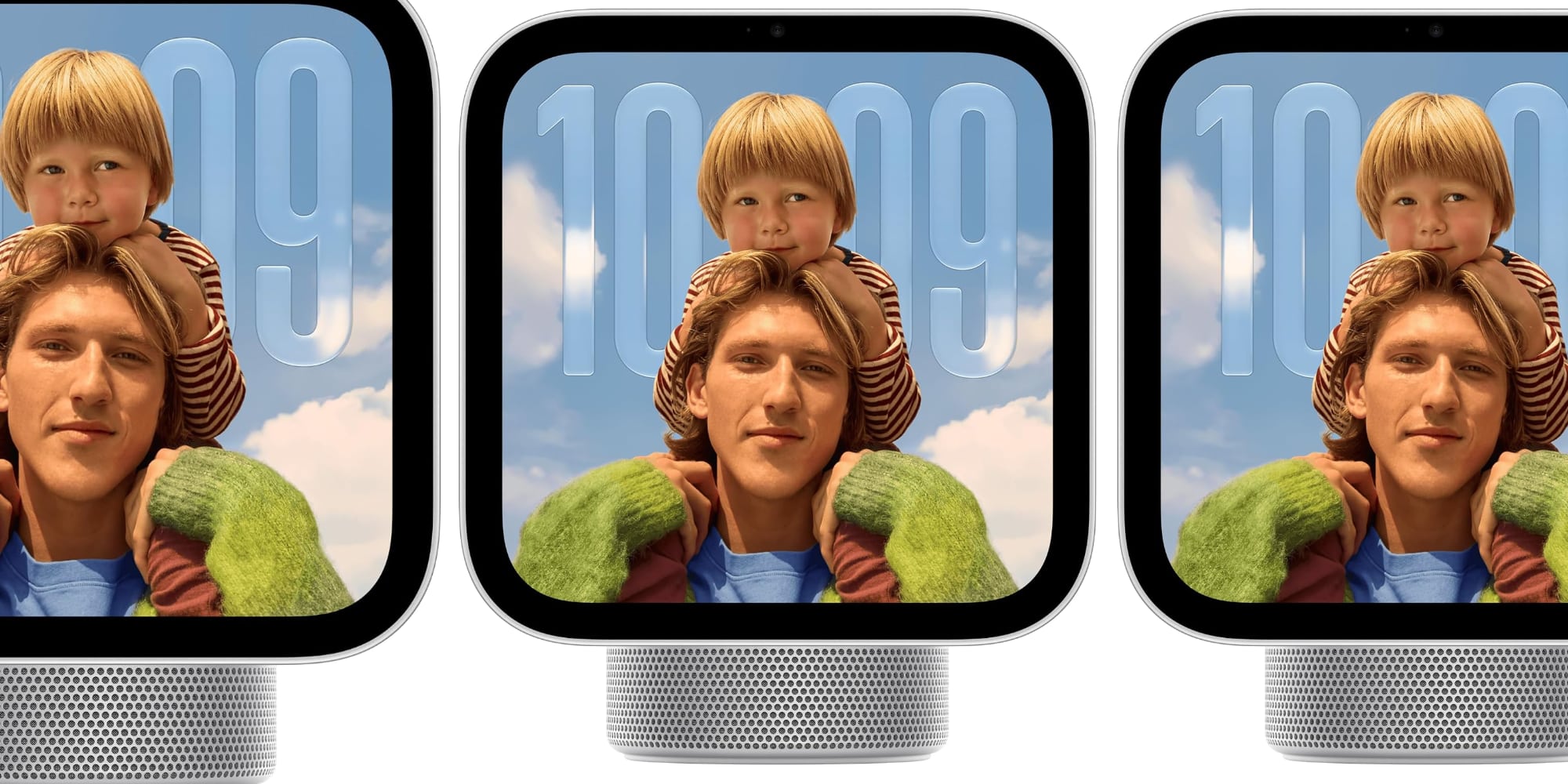 A group of people with a picture of a man and a child on his shoulders